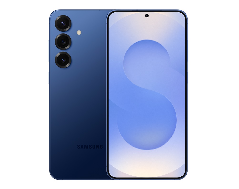 Galaxy S25 Plus shown in navy with the front display and rear finish visible.