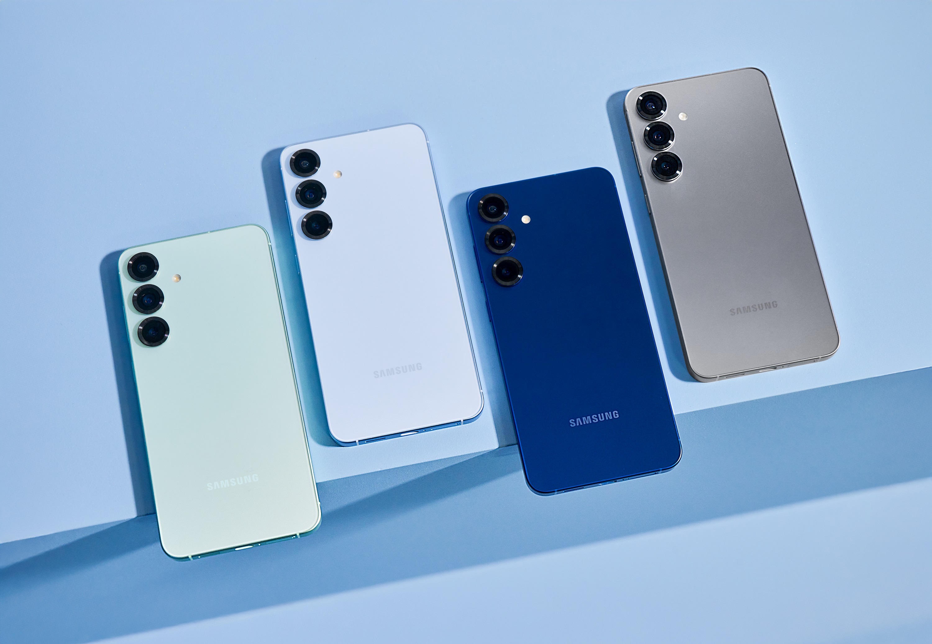 Galaxy S25 shown in multiple finishes including mint, icy blue, navy, and silver shadow.